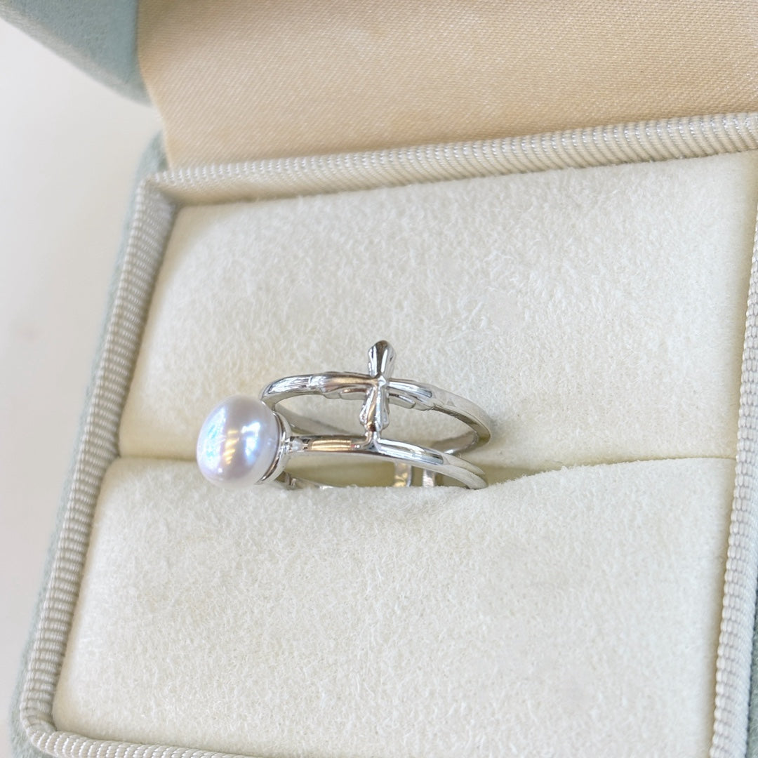 Silver Cross Pearl Ring Vintage Design Adjustable Band Boho Style