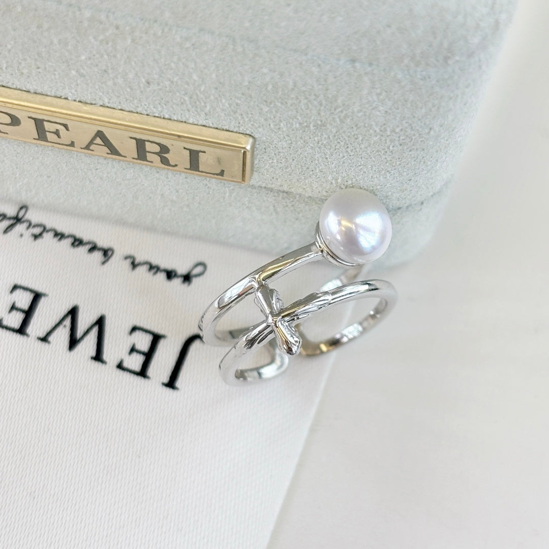Silver Cross Pearl Ring Vintage Design Adjustable Band Boho Style