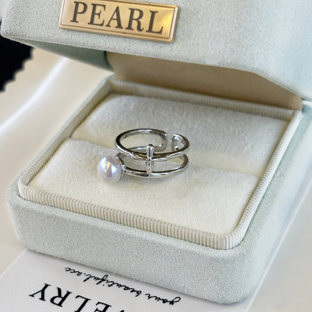 Silver Cross Pearl Ring Vintage Design Adjustable Band Boho Style