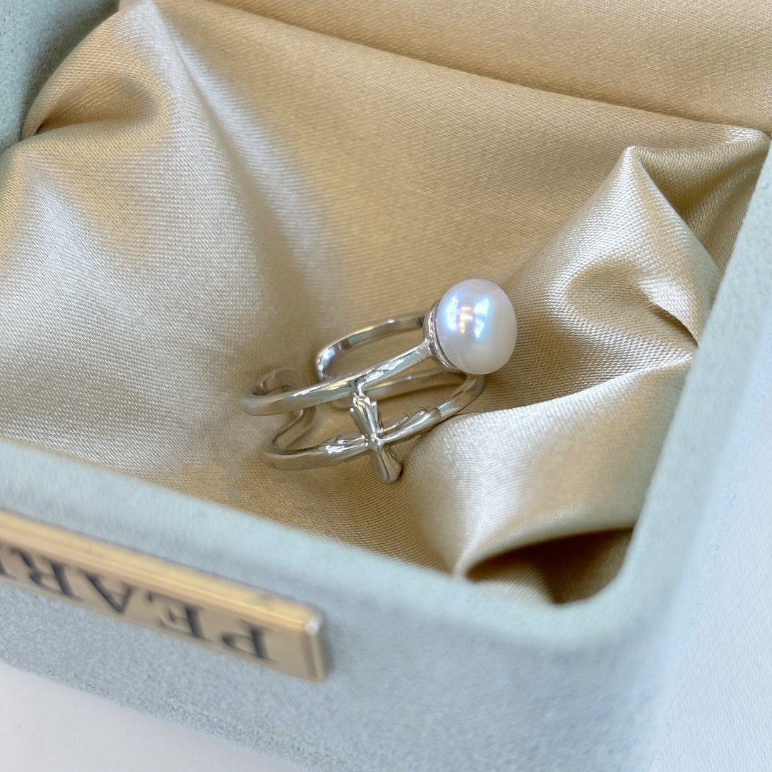 Silver Cross Pearl Ring Vintage Design Adjustable Band Boho Style