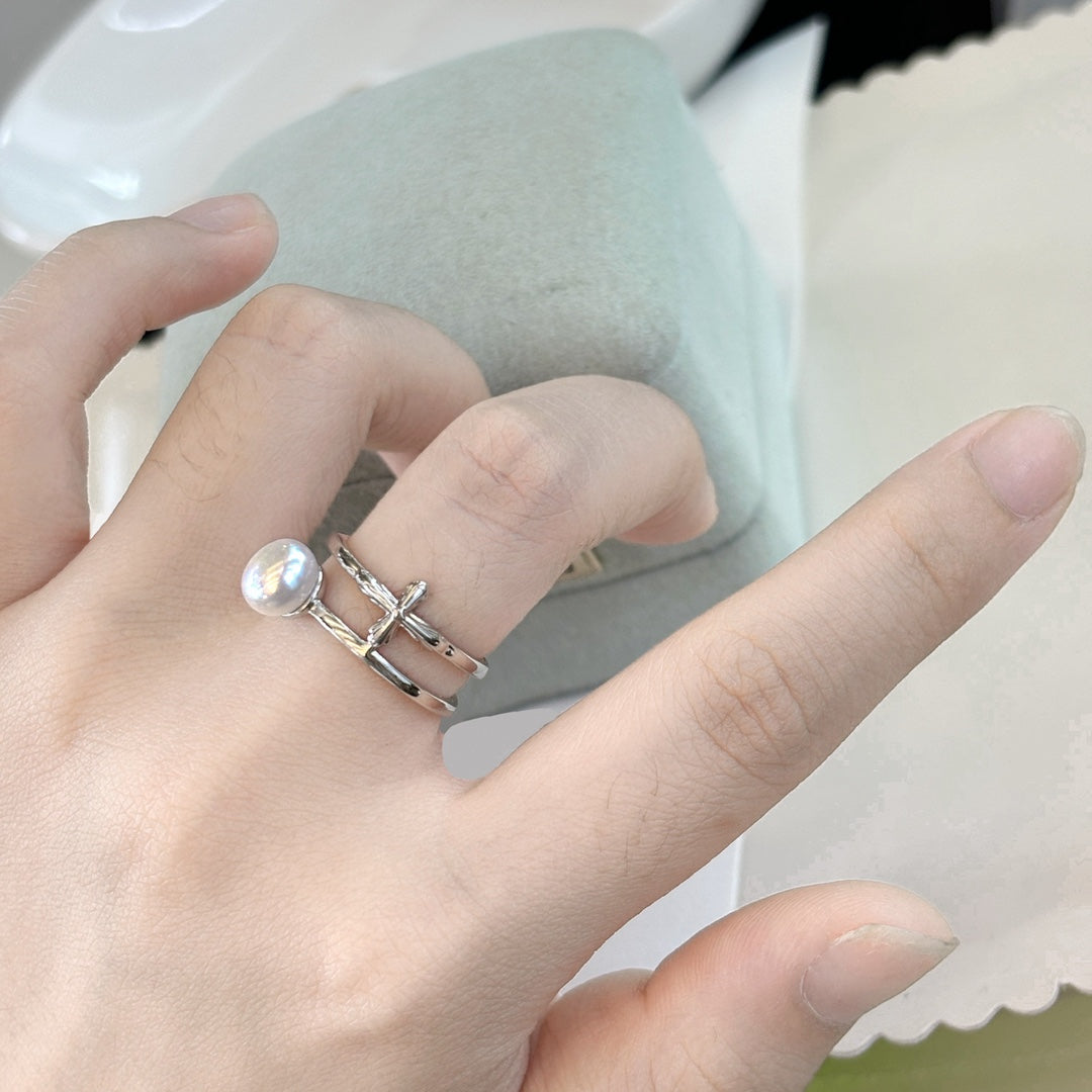 Silver Cross Pearl Ring Vintage Design Adjustable Band Boho Style