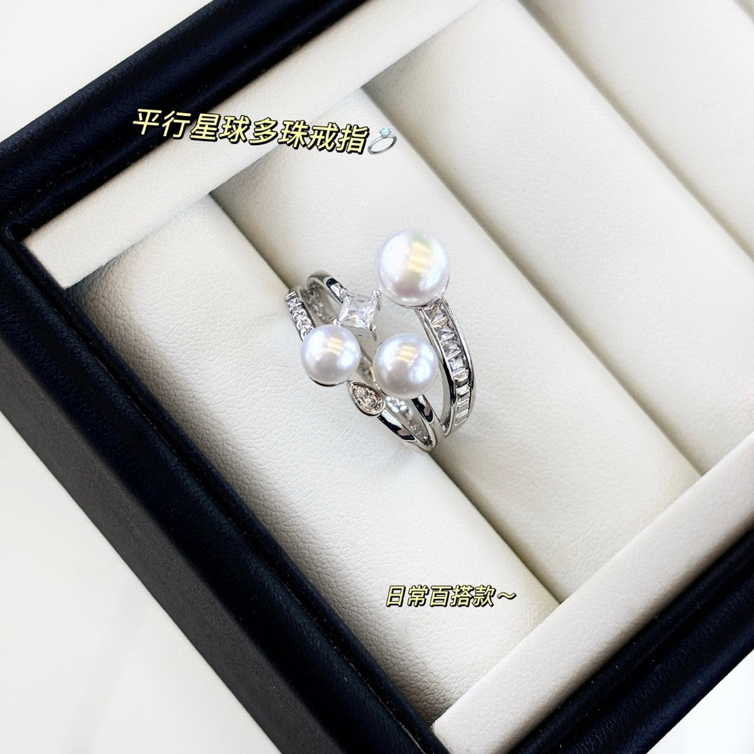 Tri-Pearl Stack Ring Set | Breathable Wild Pearl | Diamond Accented | Wedding Daily Gift
