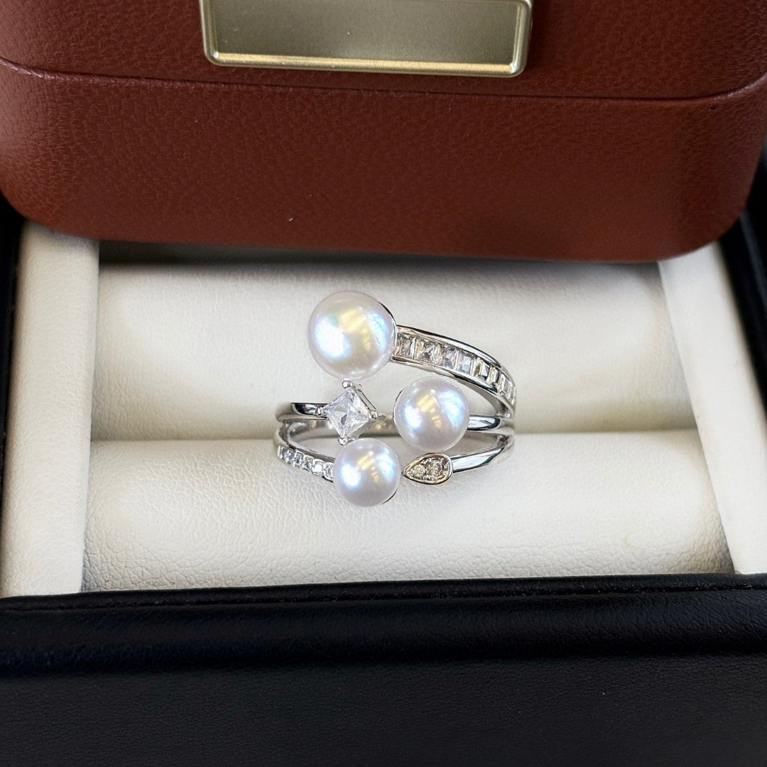 Tri-Pearl Stack Ring Set | Breathable Wild Pearl | Diamond Accented | Wedding Daily Gift