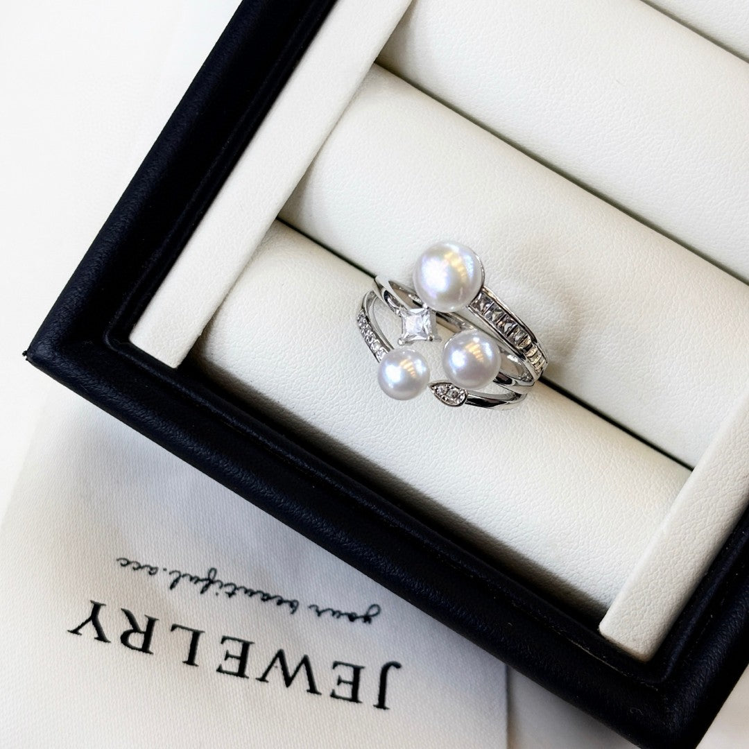 Tri-Pearl Stack Ring Set | Breathable Wild Pearl | Diamond Accented | Wedding Daily Gift