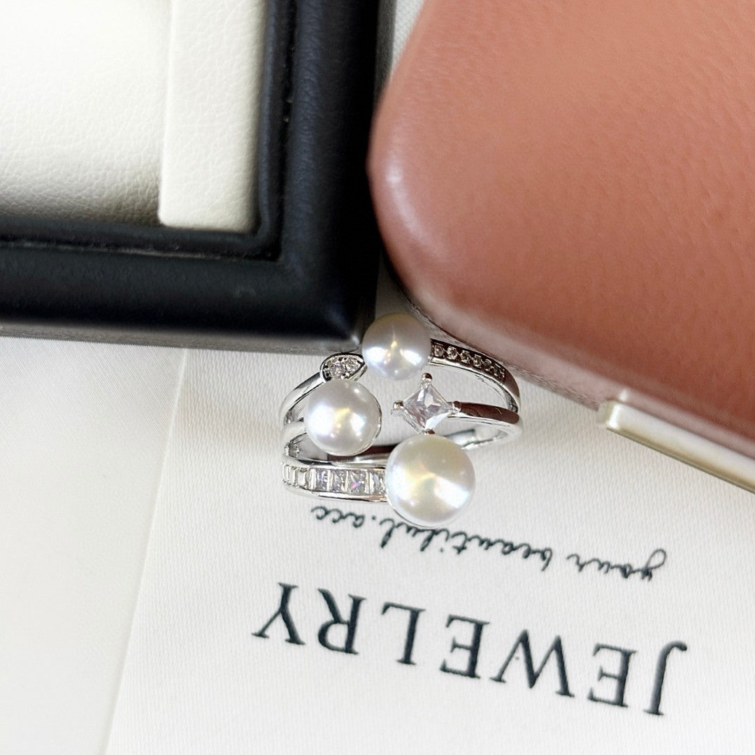 Tri-Pearl Stack Ring Set | Breathable Wild Pearl | Diamond Accented | Wedding Daily Gift
