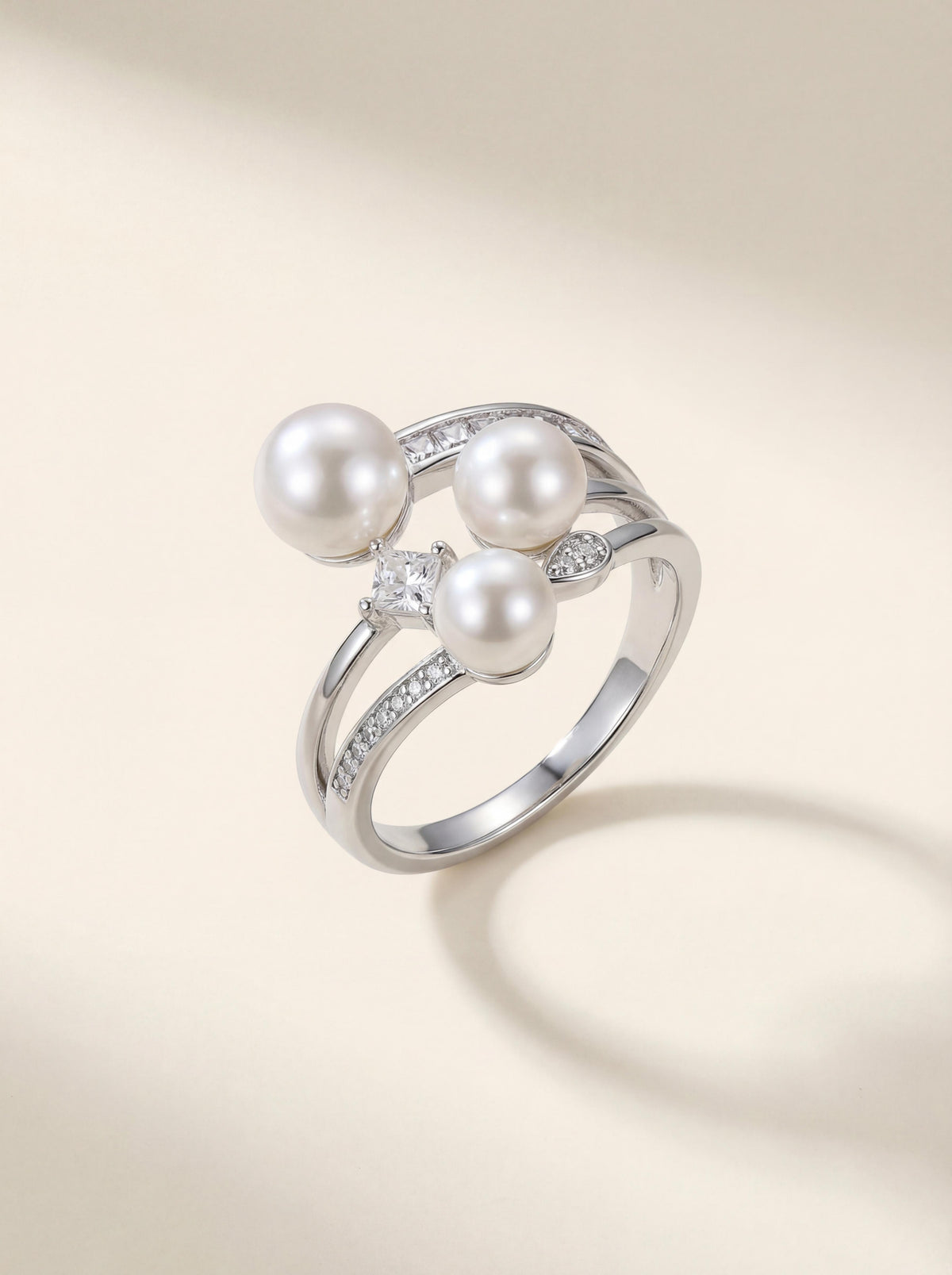 Tri-Pearl Stack Ring Set | Breathable Wild Pearl | Diamond Accented | Wedding Daily Gift