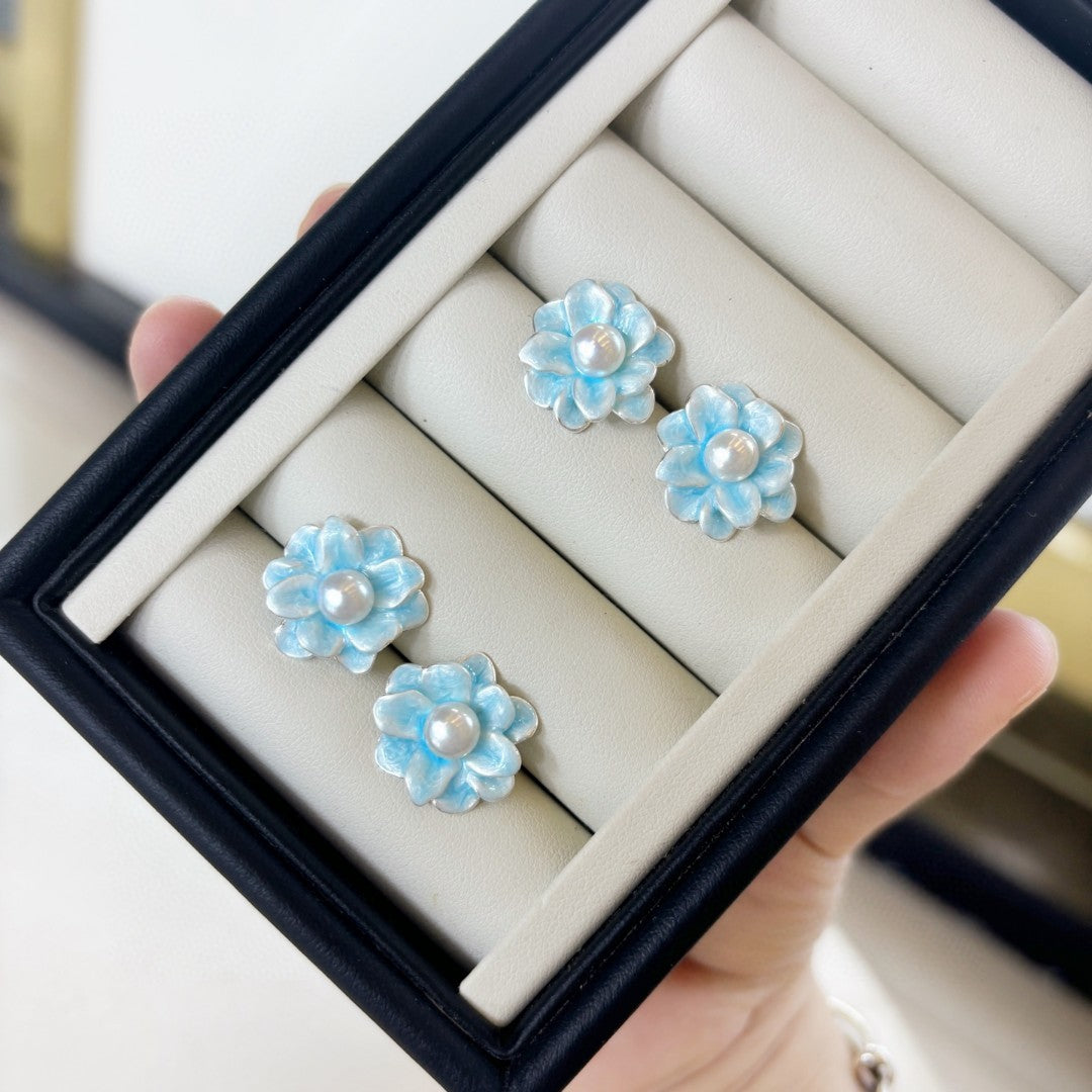 Enamel Blossom Pearl Stud Earrings