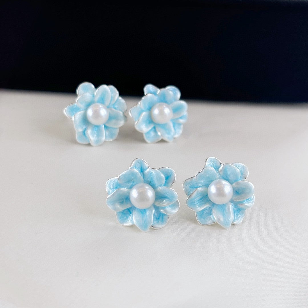 Enamel Blossom Pearl Stud Earrings