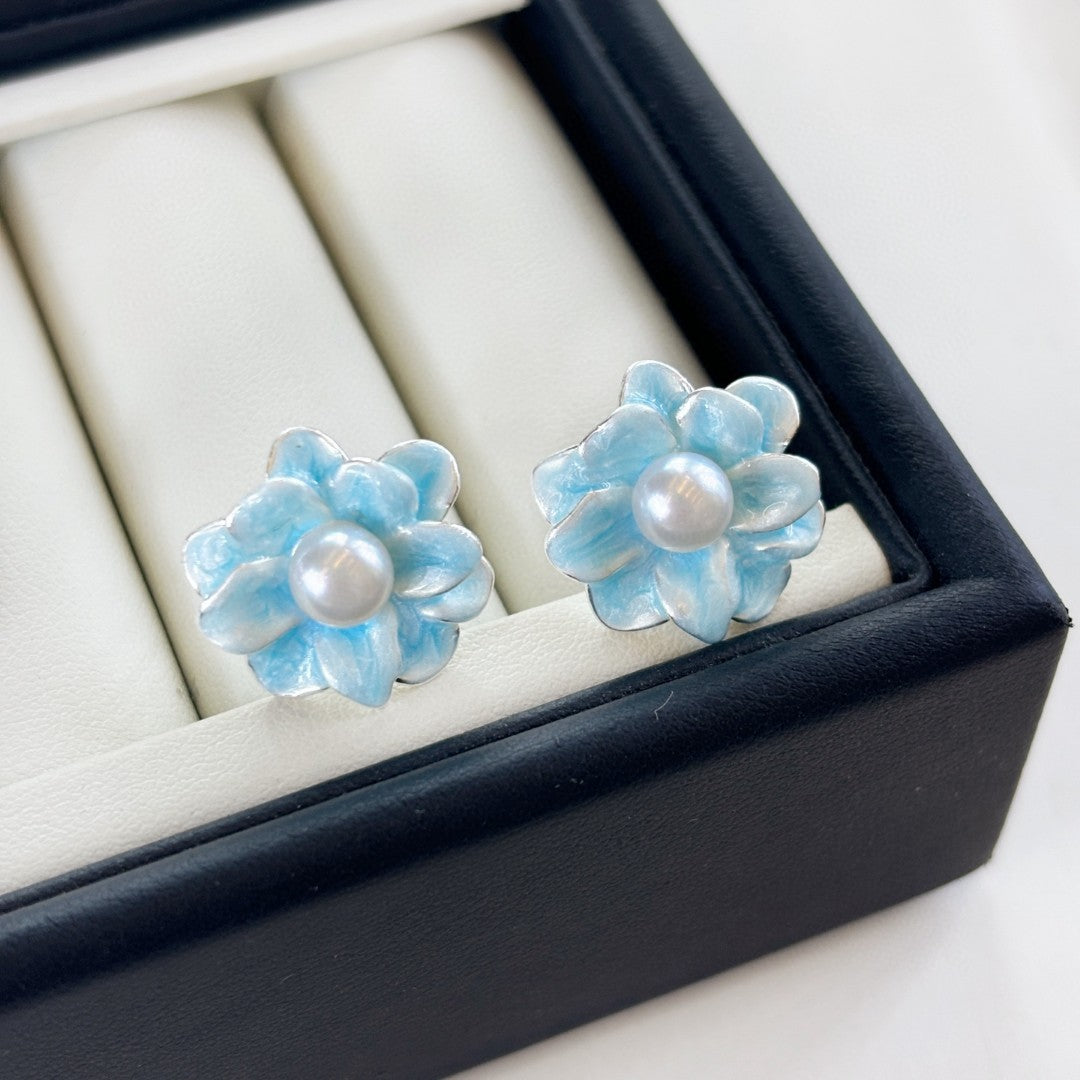 Enamel Blossom Pearl Stud Earrings