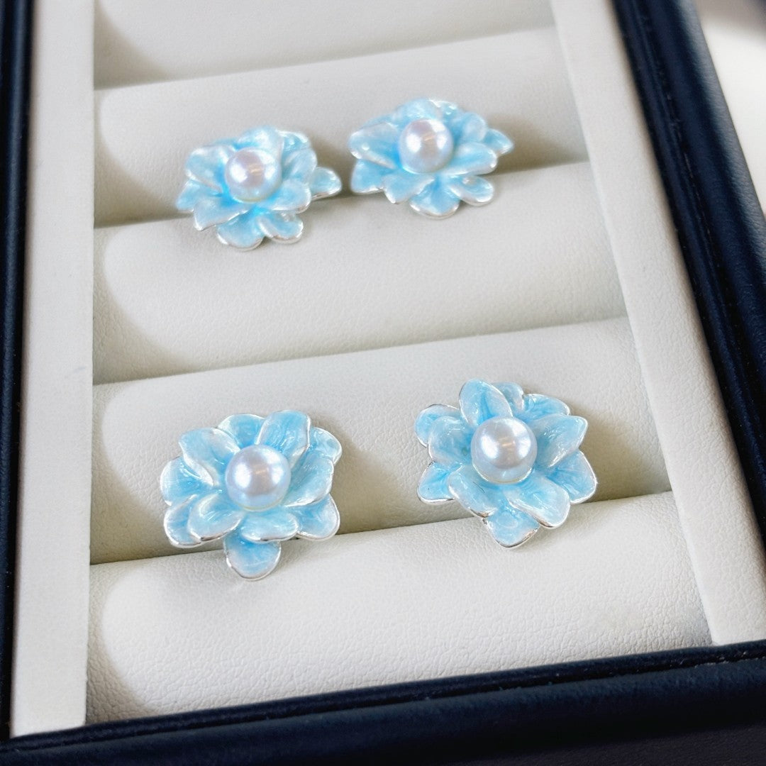 Enamel Blossom Pearl Stud Earrings