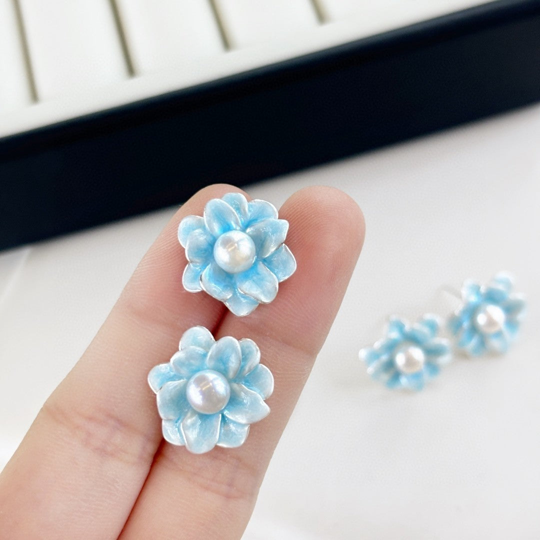 Enamel Blossom Pearl Stud Earrings