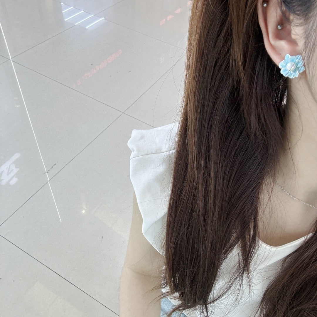Enamel Blossom Pearl Stud Earrings