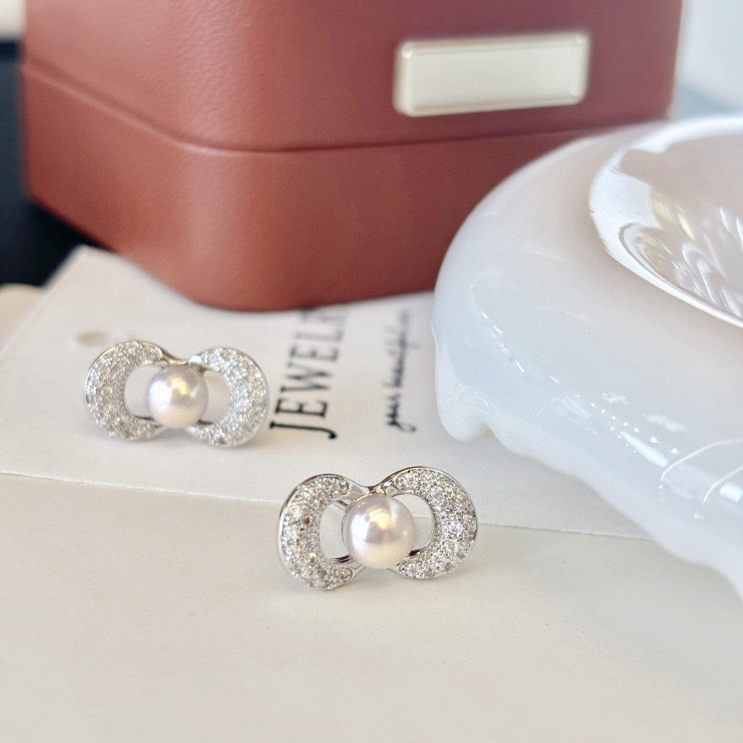 Silk Bow Freshwater Pearl Stud Earrings - Sterling Silver with Gold Details