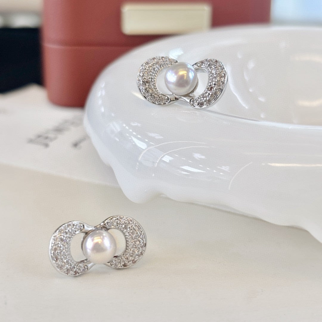 Silk Bow Freshwater Pearl Stud Earrings - Sterling Silver with Gold Details