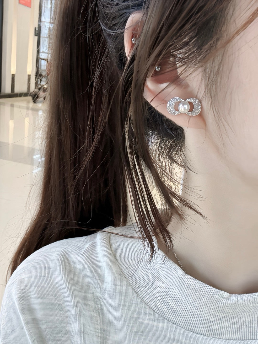 Silk Bow Freshwater Pearl Stud Earrings - Sterling Silver with Gold Details