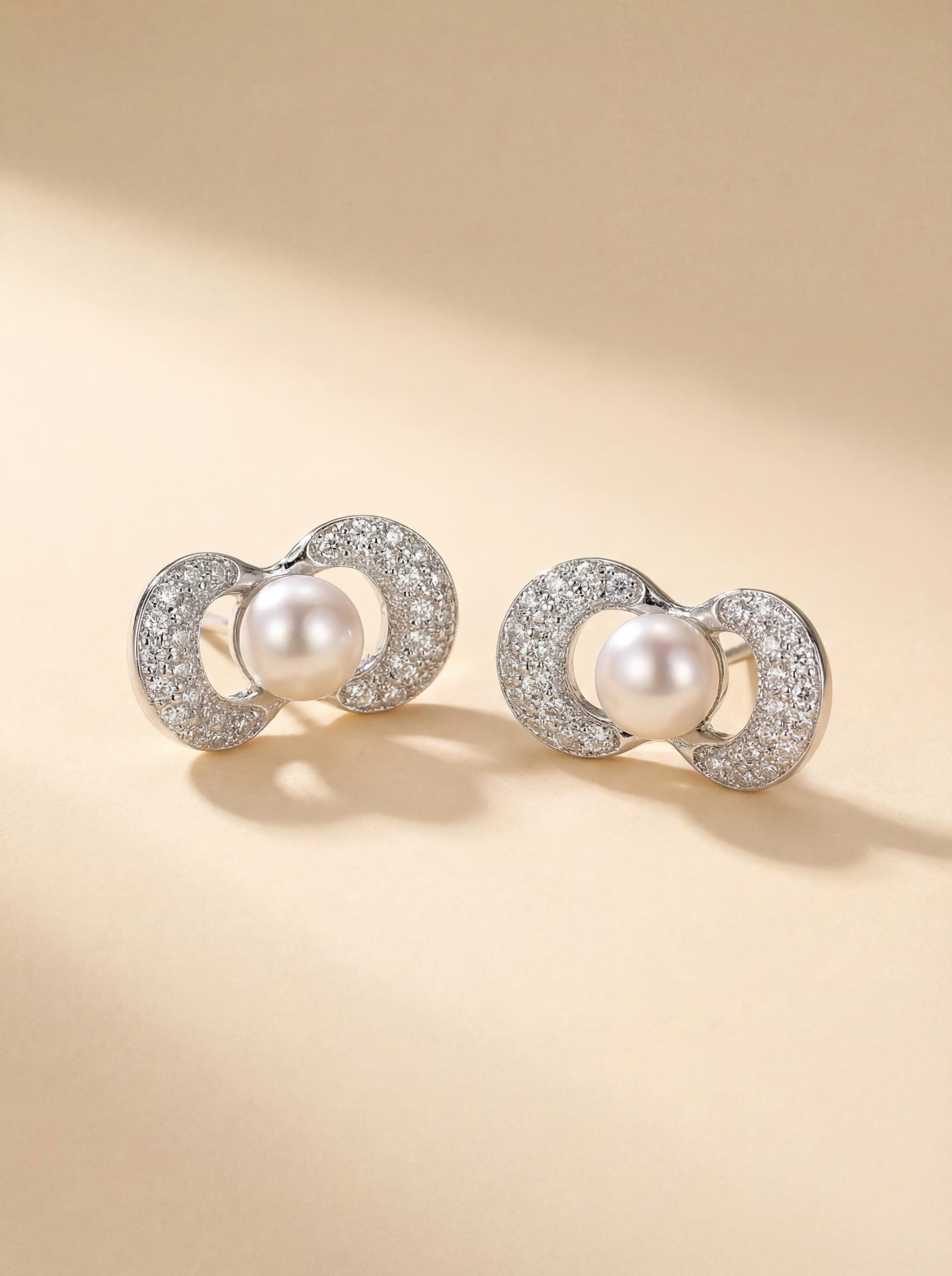 Silk Bow Freshwater Pearl Stud Earrings - Sterling Silver with Gold Details