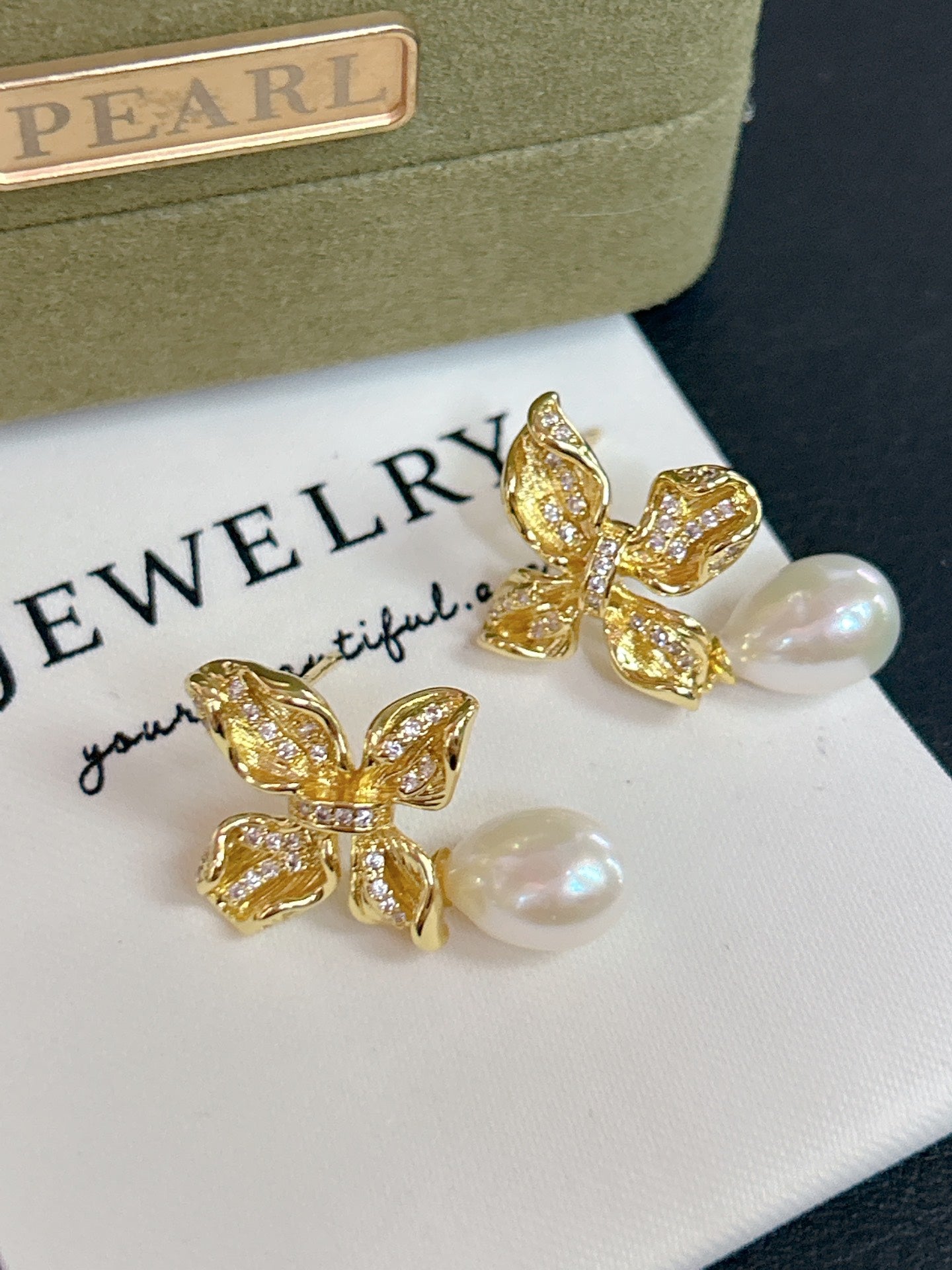 Butterfly Kisses Rose Gold Pearl Earrings
