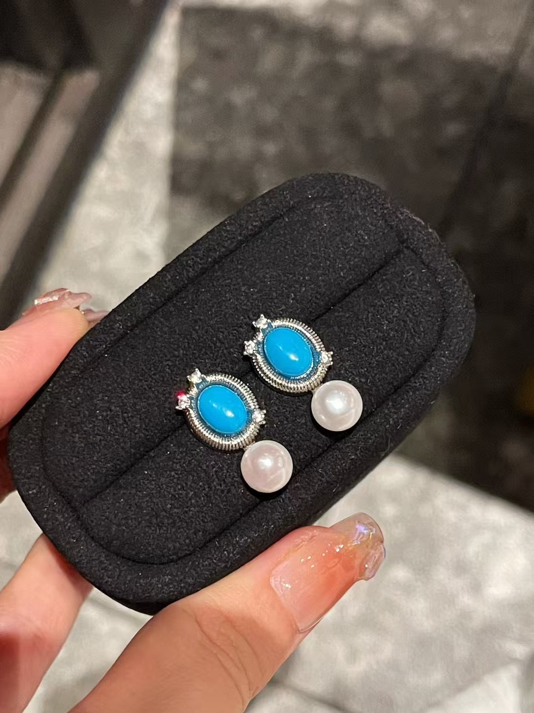 French Vintage Turquoise Freshwater Pearl Earrings Silver