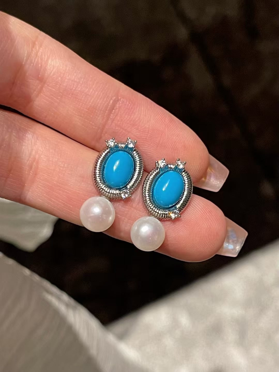 French Vintage Turquoise Freshwater Pearl Earrings