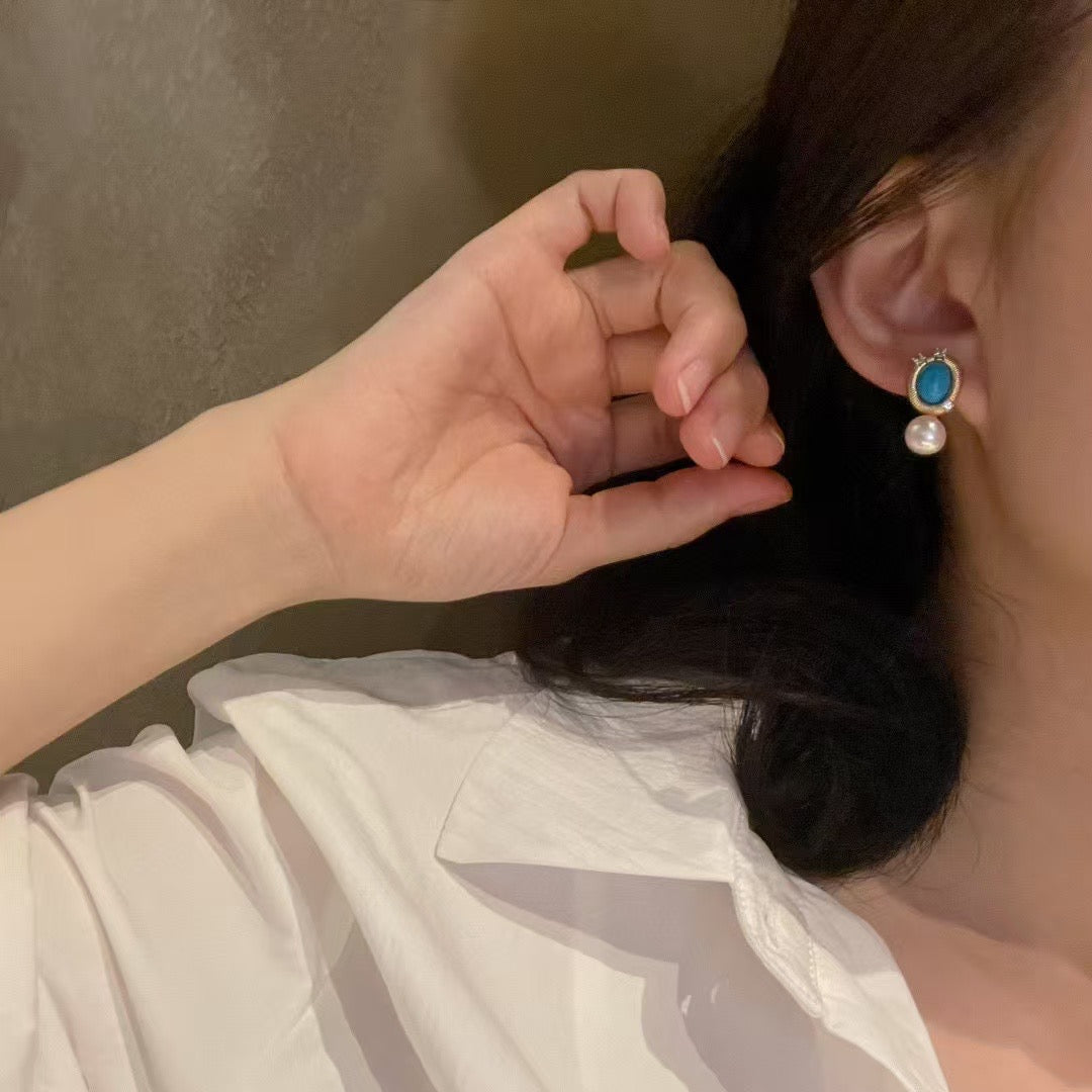 French Vintage Turquoise Freshwater Pearl Earrings