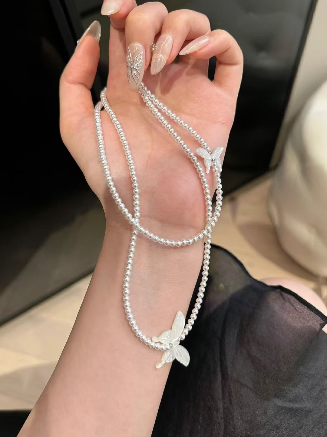 Layered MotherofPearl Butterfly Pearl Necklace - Dual Strand Necklace for Effortless Elegance