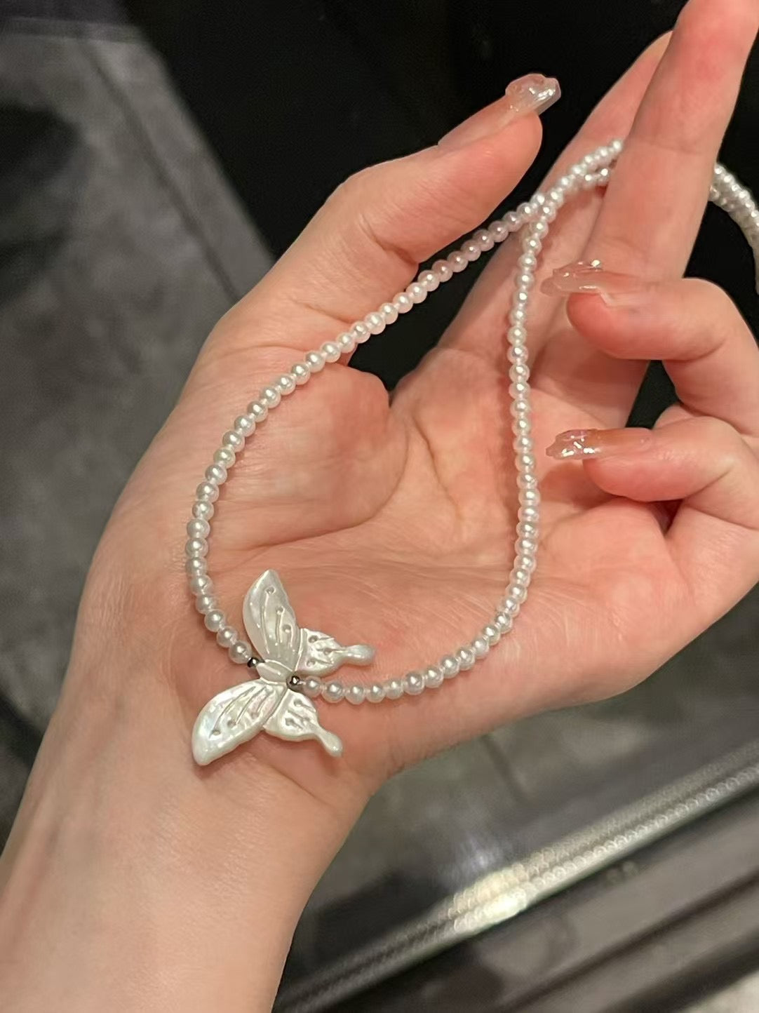 Layered MotherofPearl Butterfly Pearl Necklace - Dual Strand Necklace for Effortless Elegance