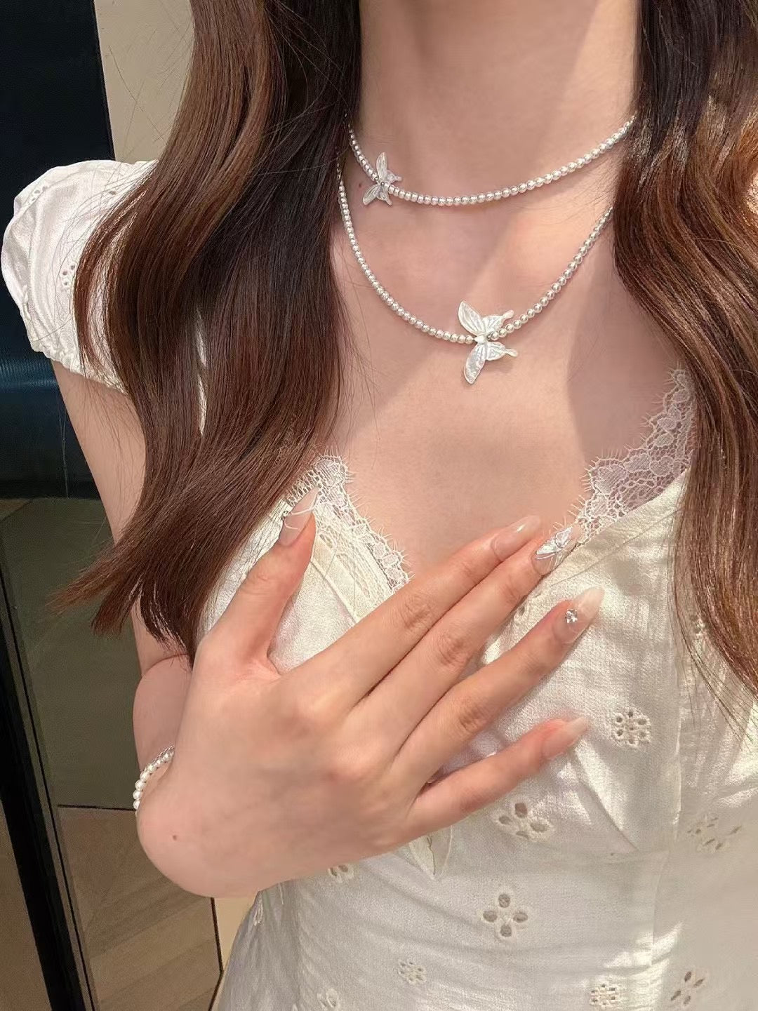 Layered MotherofPearl Butterfly Pearl Necklace - Dual Strand Necklace for Effortless Elegance