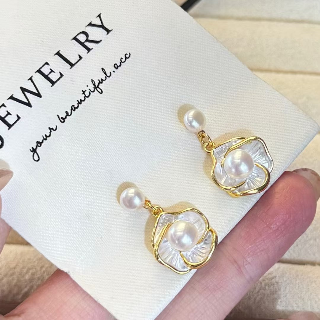 Camellia Dewdrop Double Pearl Earrings | Luxury Freshwater Pearl Floral Design