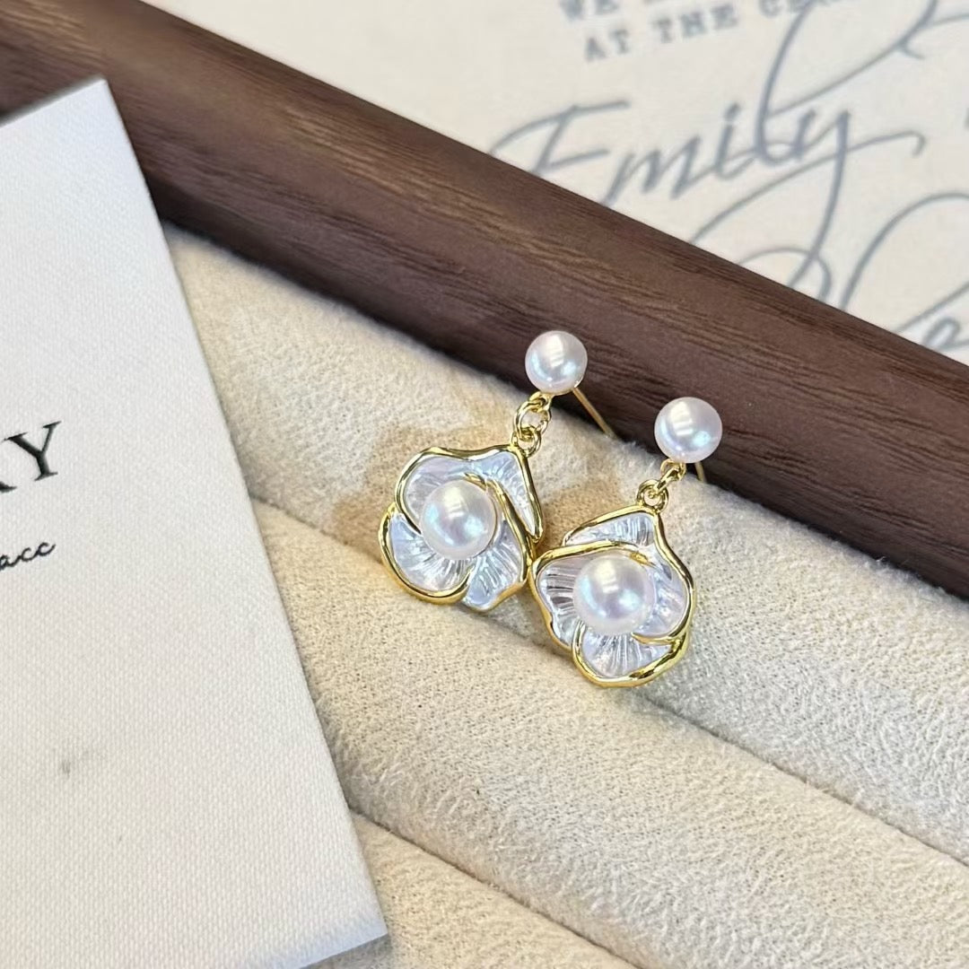 Camellia Dewdrop Double Pearl Earrings | Luxury Freshwater Pearl Floral Design