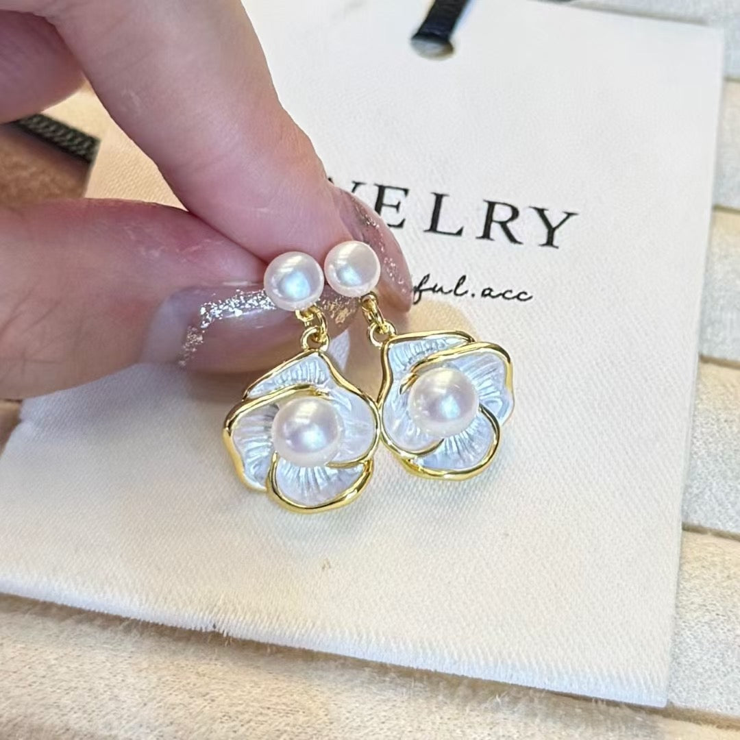 Camellia Dewdrop Double Pearl Earrings | Luxury Freshwater Pearl Floral Design