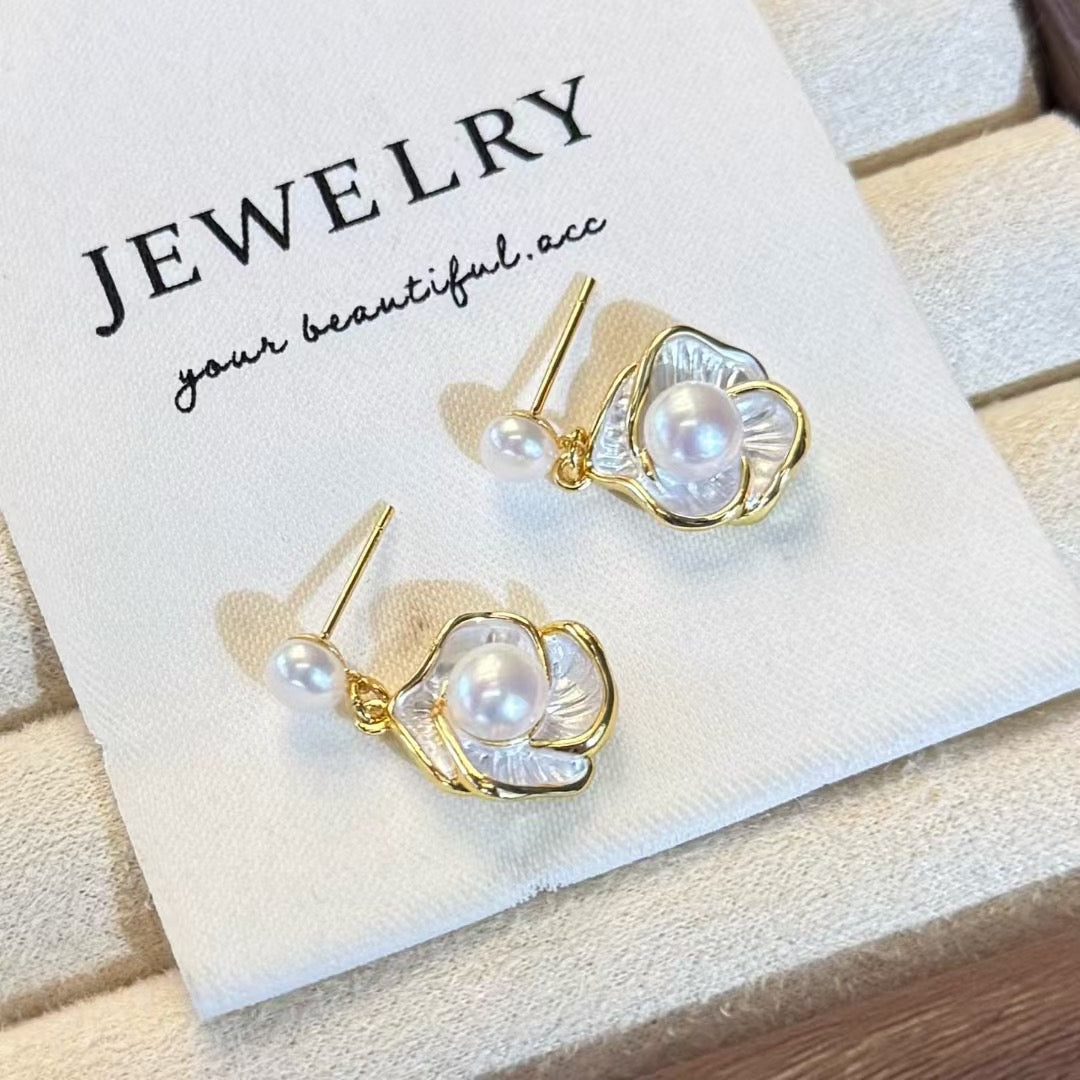 Camellia Dewdrop Double Pearl Earrings | Luxury Freshwater Pearl Floral Design