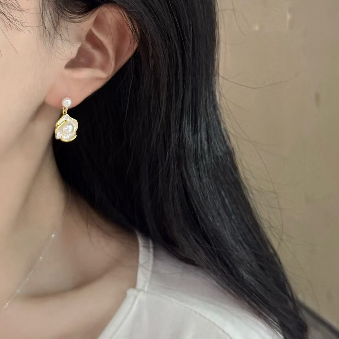 Camellia Dewdrop Double Pearl Earrings | Luxury Freshwater Pearl Floral Design