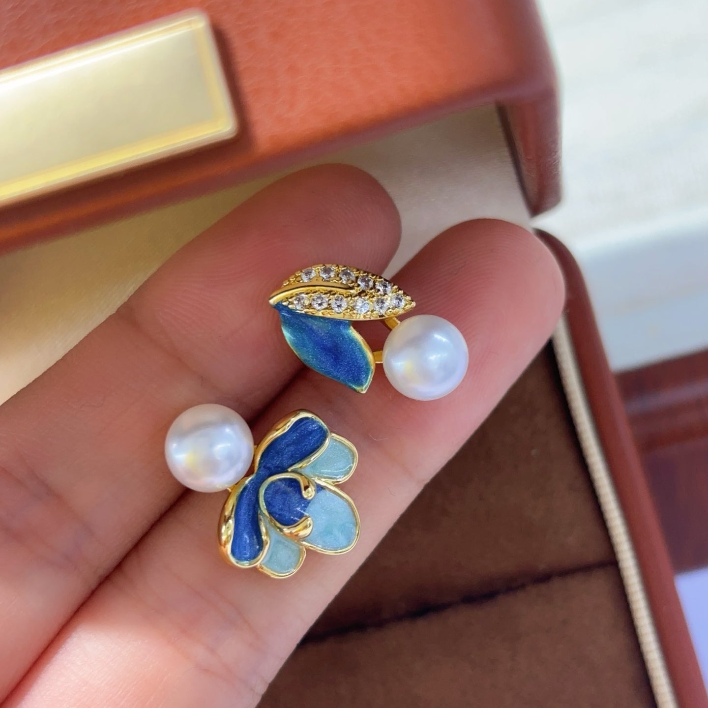 Asymmetrical Enamel Floral Pearl Earrings - Handcrafted Silver Elegance