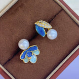 Asymmetrical Enamel Floral Pearl Earrings - Handcrafted Silver Elegance