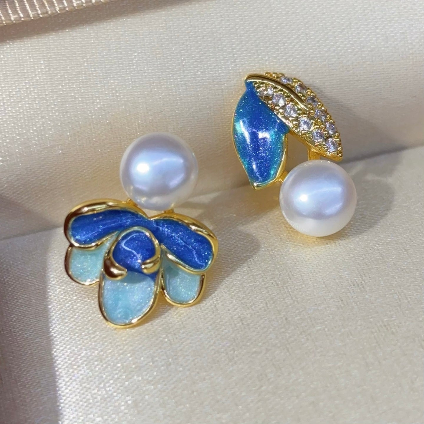 Asymmetrical Enamel Floral Pearl Earrings - Handcrafted Silver Elegance