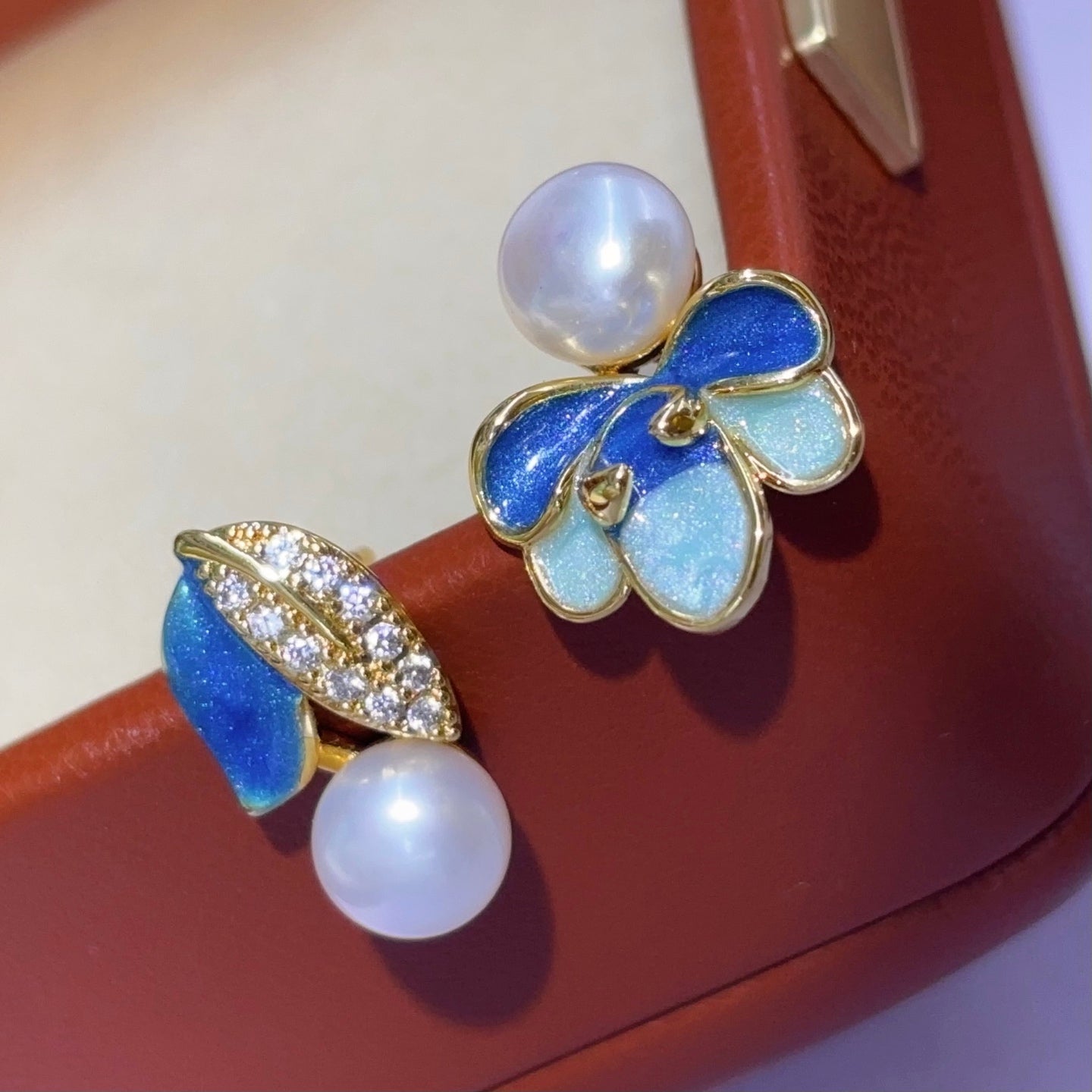 Asymmetrical Enamel Floral Pearl Earrings - Handcrafted Silver Elegance