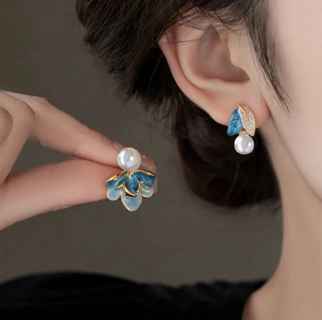 Asymmetrical Enamel Floral Pearl Earrings - Handcrafted Silver Elegance