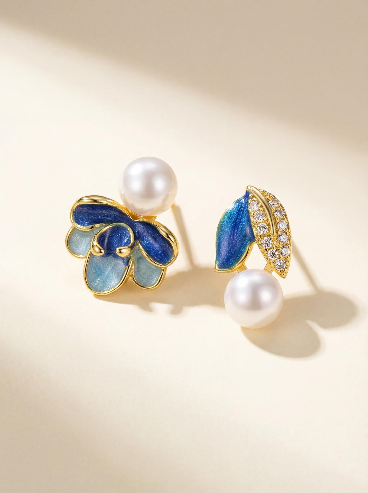 Asymmetrical Enamel Floral Pearl Earrings - Handcrafted Silver Elegance