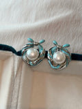 Misty Blue Ribbon Pearl Earrings: Handcrafted Enamel Freshwater Studs with Sterling Silver
