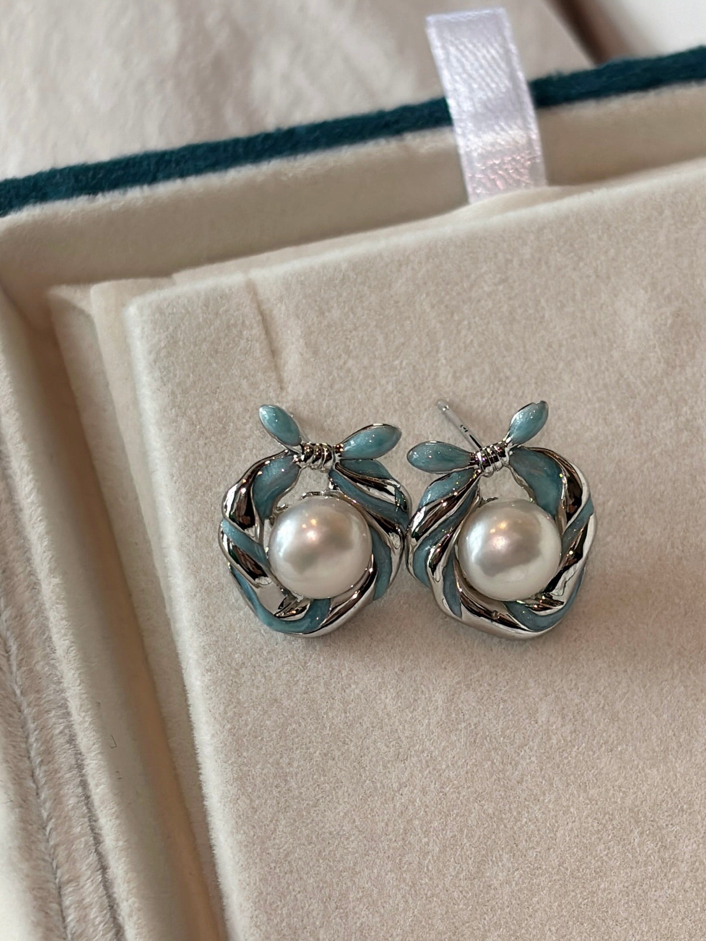 Misty Blue Ribbon Pearl Earrings: Handcrafted Enamel Freshwater Studs with Sterling Silver