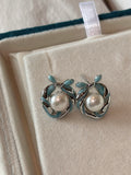 Misty Blue Ribbon Pearl Earrings: Handcrafted Enamel Freshwater Studs with Sterling Silver