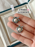 Misty Blue Ribbon Pearl Earrings: Handcrafted Enamel Freshwater Studs with Sterling Silver