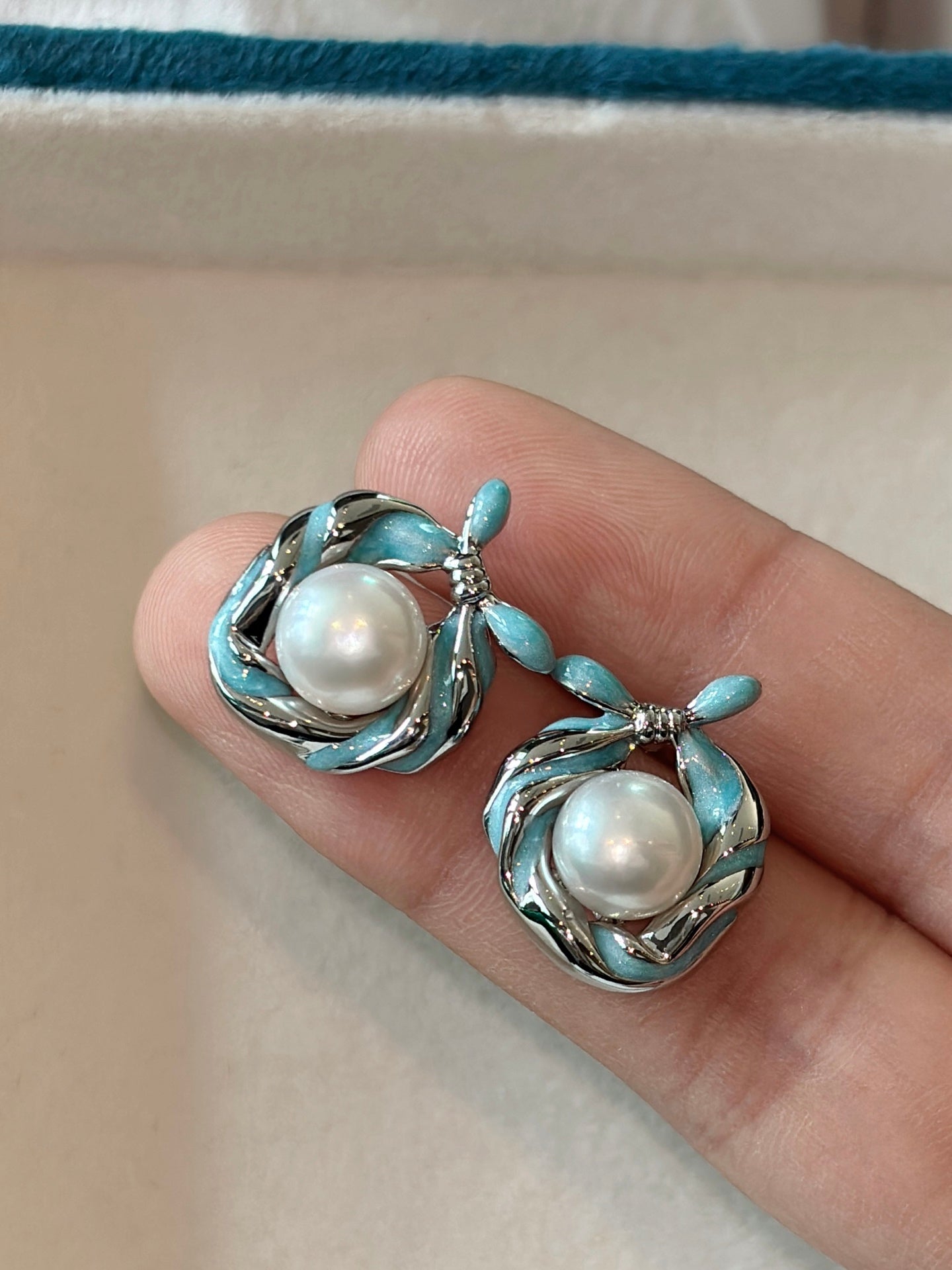 Misty Blue Ribbon Pearl Earrings: Handcrafted Enamel Freshwater Studs with Sterling Silver