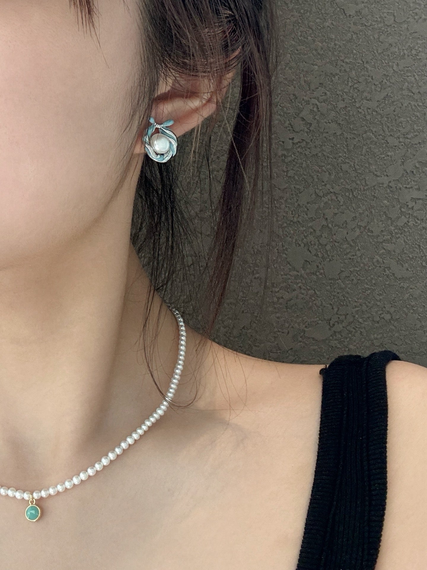 Misty Blue Ribbon Pearl Earrings: Handcrafted Enamel Freshwater Studs with Sterling Silver