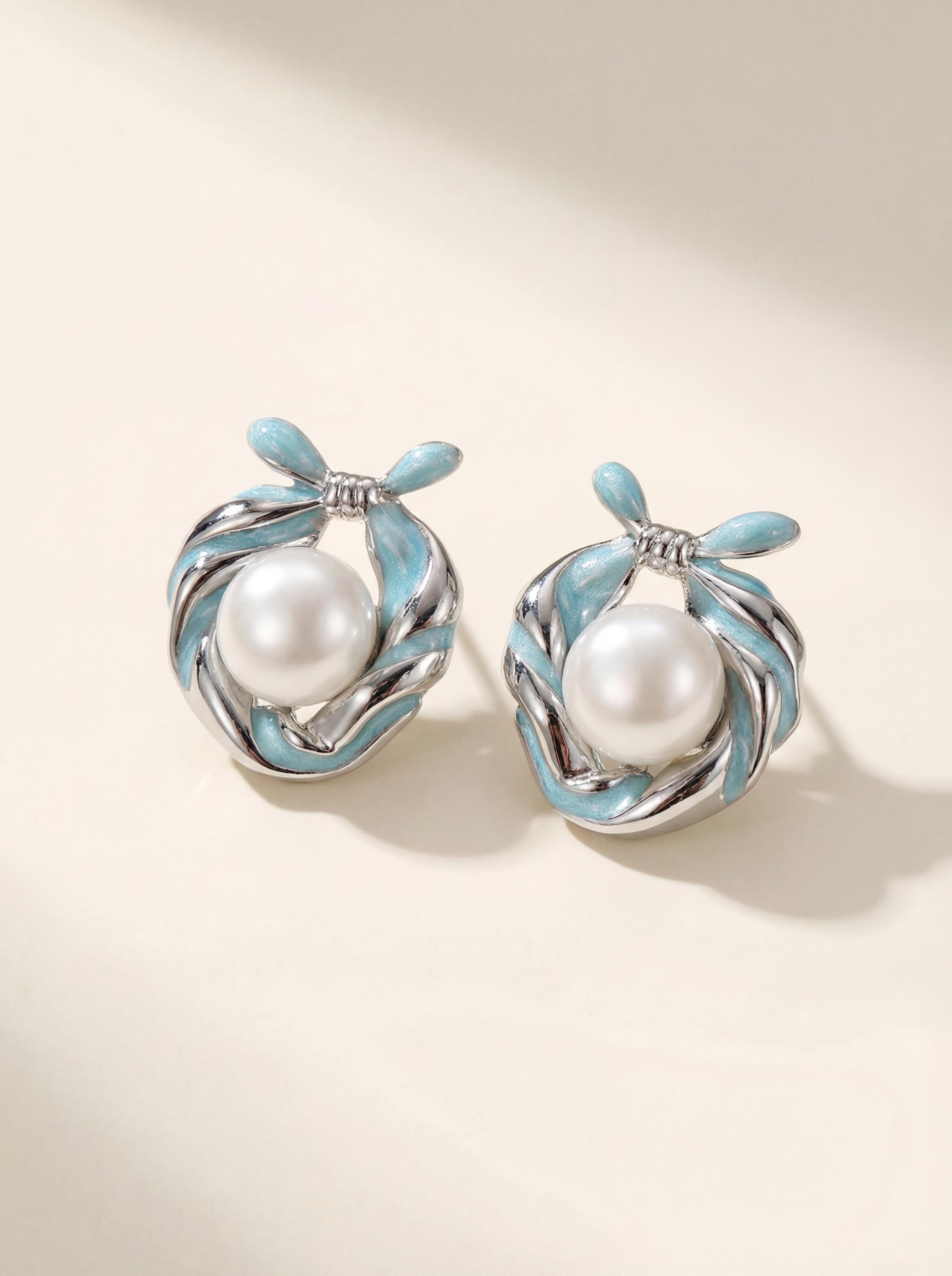 Misty Blue Ribbon Pearl Earrings: Handcrafted Enamel Freshwater Studs with Sterling Silver