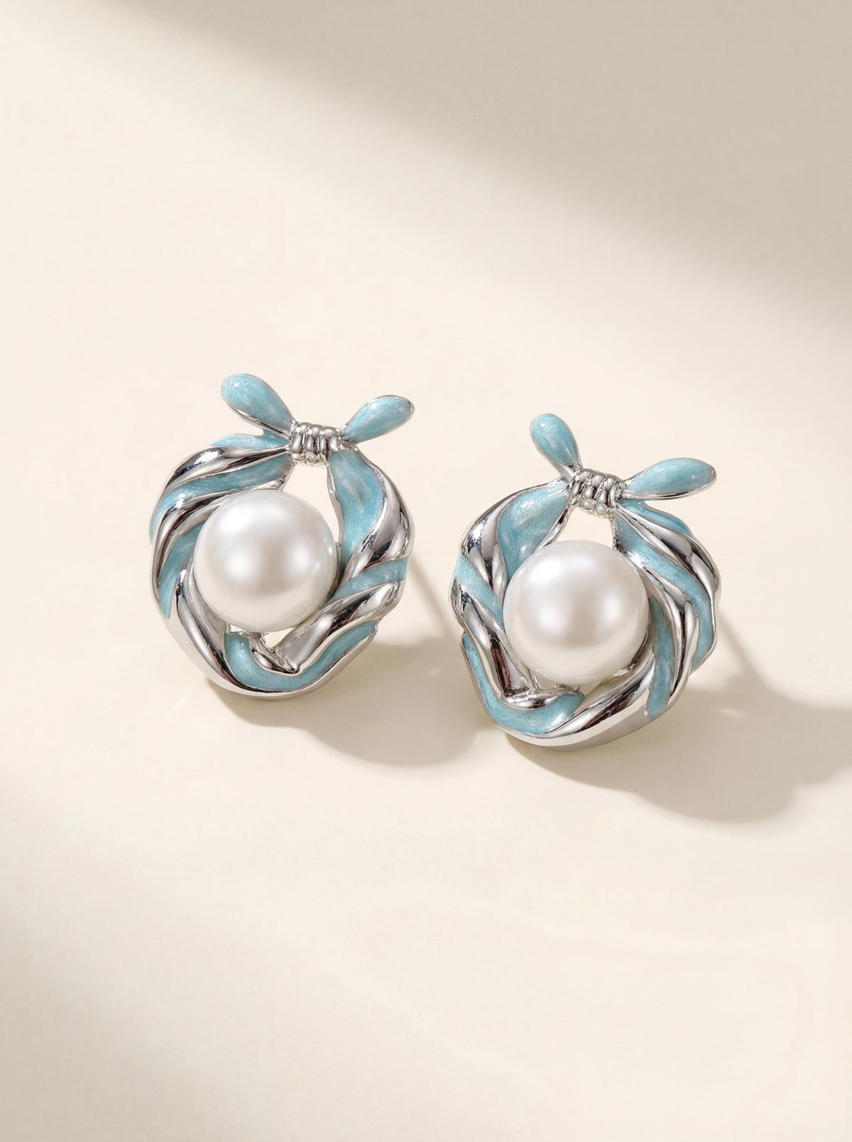 Misty Blue Ribbon Pearl Earrings: Handcrafted Enamel Freshwater Studs with Sterling Silver