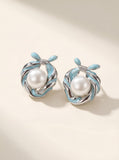 Misty Blue Ribbon Pearl Earrings: Handcrafted Enamel Freshwater Studs with Sterling Silver