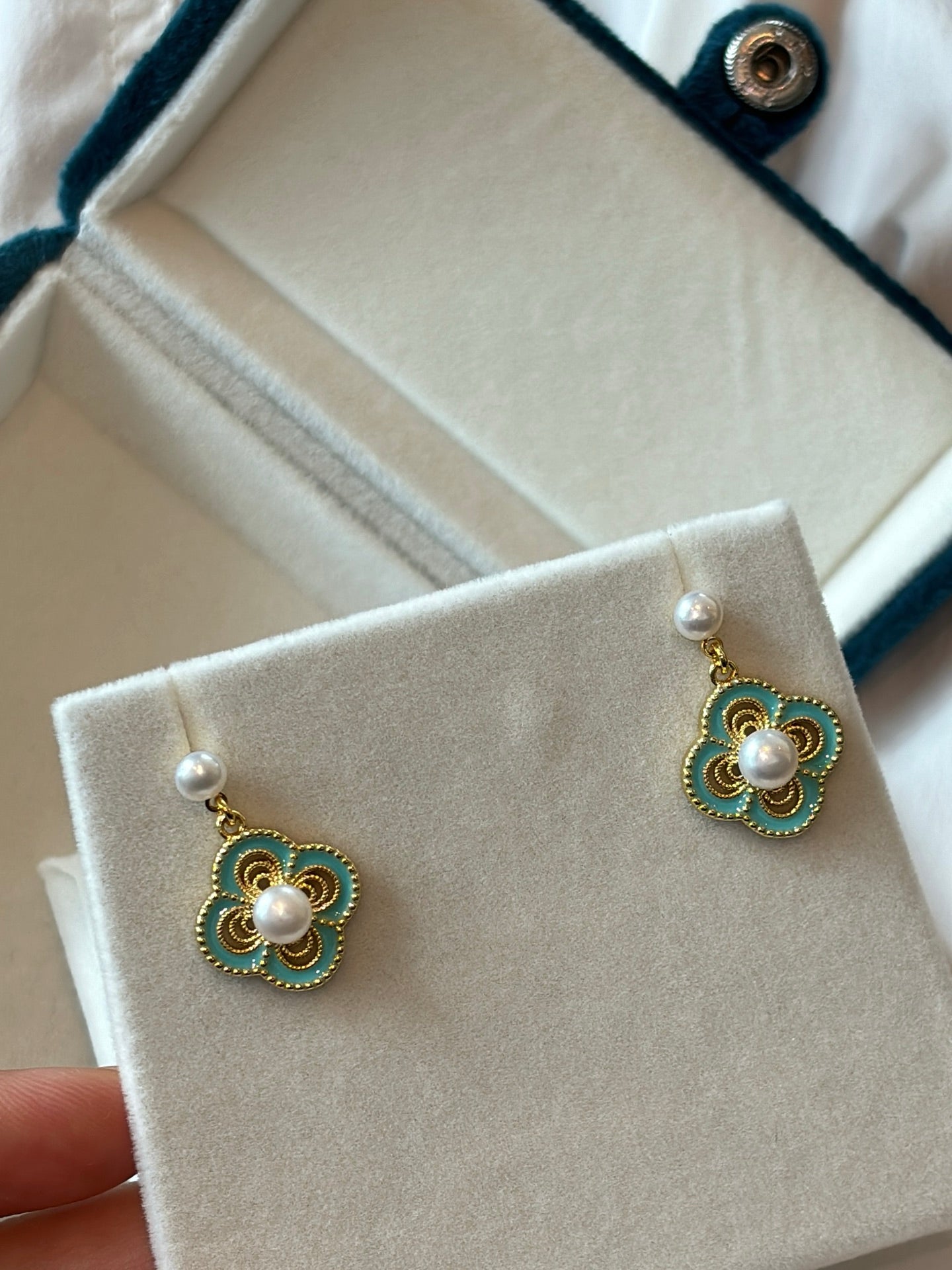 Vintage Cloisonne Four-Leaf Clover Pearl Earrings