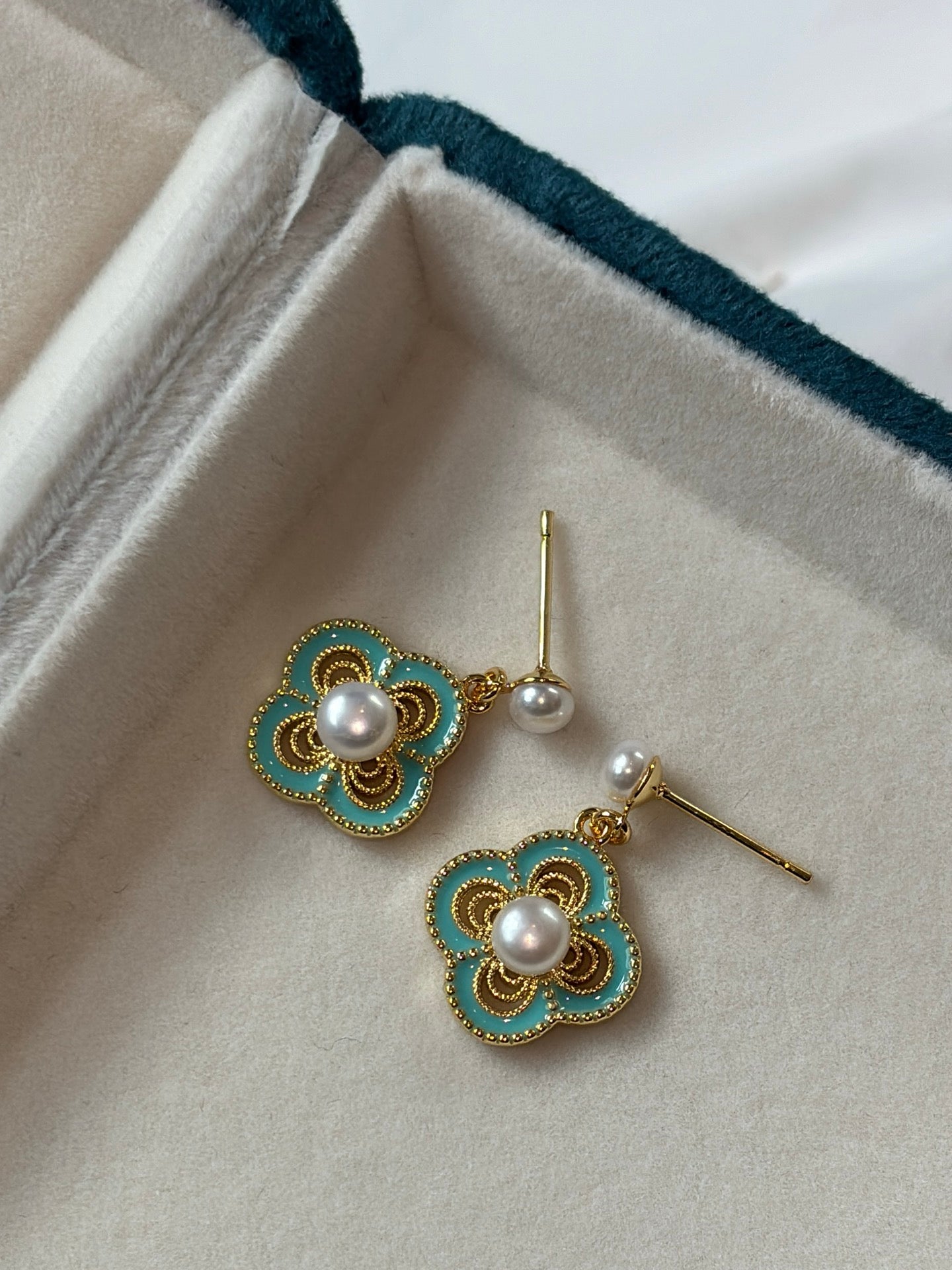 Vintage Cloisonne Four-Leaf Clover Pearl Earrings