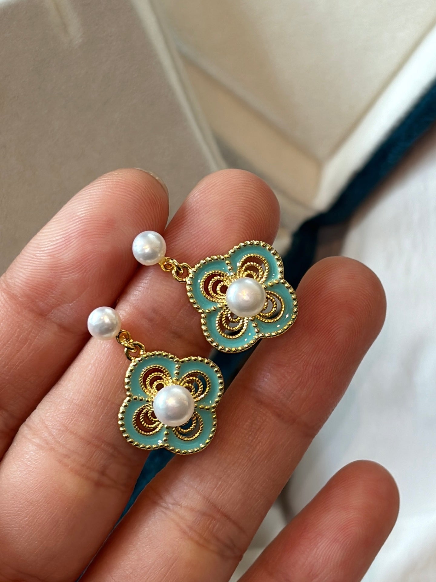 Vintage Cloisonne Four-Leaf Clover Pearl Earrings